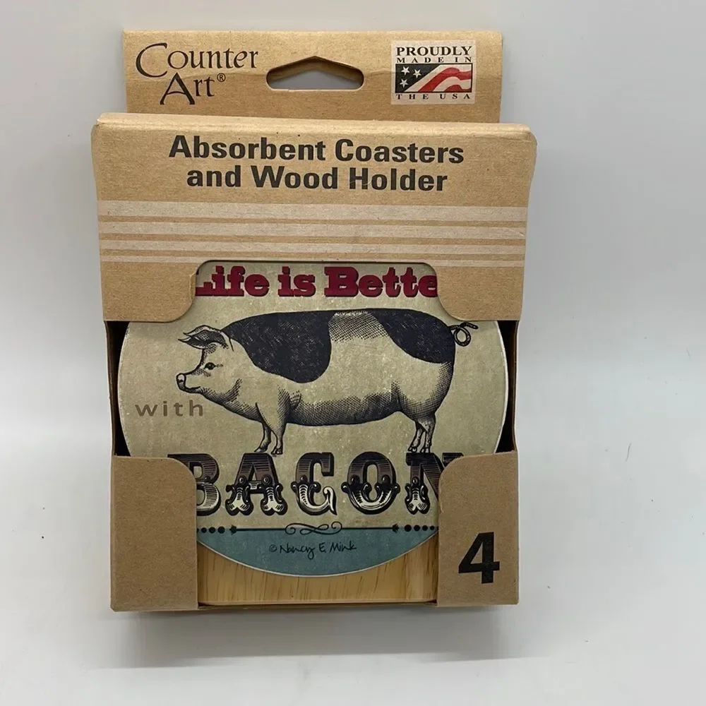 New CounterArt Absorbent Coaster Set (4) Pig  with Wood Holder 4